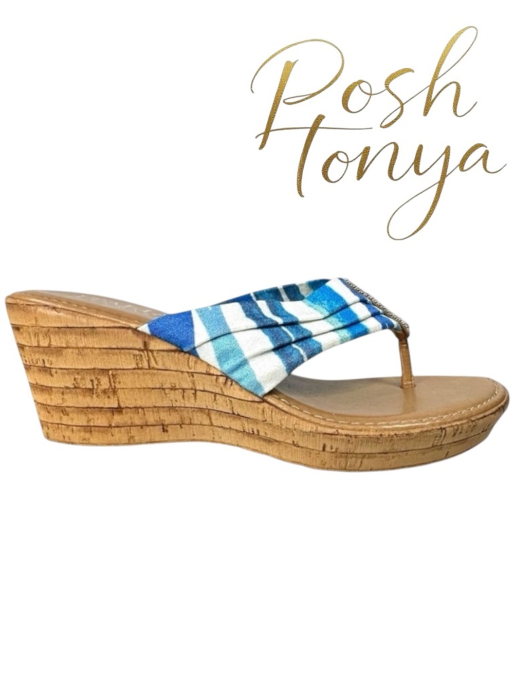 Italian Shoemakers Coastal Cork Wedge Sandals Blue Stripe Rhinestone Size 6.5W